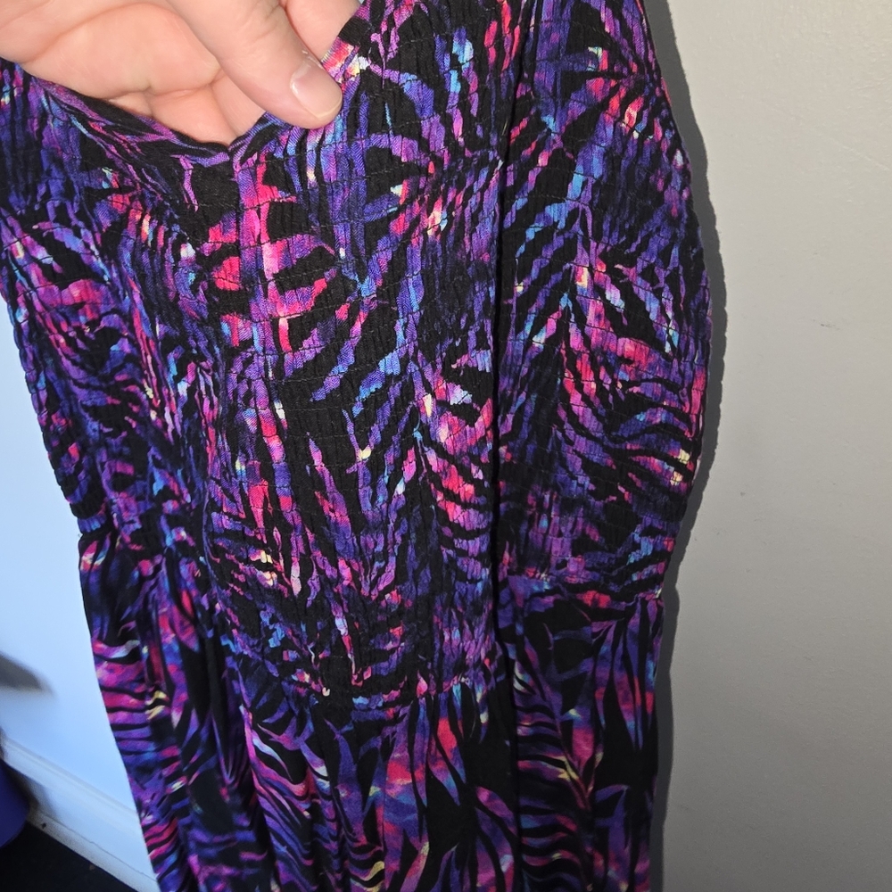 Torrid Smocked Pink and Purple Palm Leaf Dress - Plus Size: 2x - Picture 3 of 11